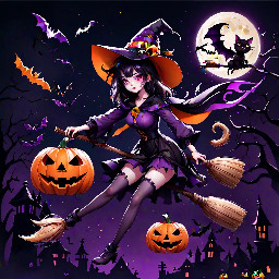 witch with a cat on a broomstick