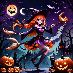 witch with a cat on a broomstick
