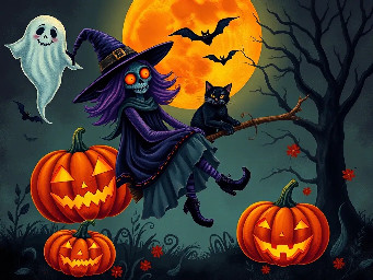 witch with a cat on a broomstick