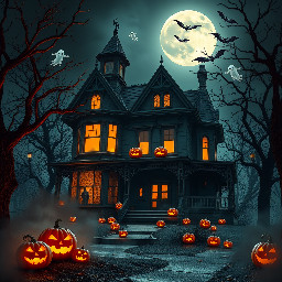 "Spooky haunted Victorian mansion at night, crooked trees, flickering orange jack-o'-lanterns on the porch, dense fog rolling on the ground, eerie pale moonlight, dark fantasy style, 8K resolution."