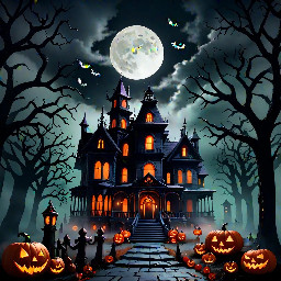"Spooky haunted Victorian mansion at night, crooked trees, flickering orange jack-o'-lanterns on the porch, dense fog rolling on the ground, eerie pale moonlight, dark fantasy style, 8K resolution."