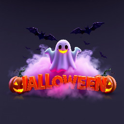 « Une animation graphique 2D/3D fluide d'un logo minimaliste et élégant au centre. Soudain, une brume étrange, verte et violette, enveloppe le logo, un adorable fantôme animé surgit de derrière, et un sourire sculpté en forme de citrouille lumineuse scintille sur les lettres, parsemé de subtiles particules scintillantes et mystérieuses. Fond sombre et mystérieux, haute qualité, 4K. »