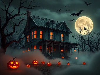"Spooky haunted Victorian mansion at night, crooked trees, flickering orange jack-o'-lanterns on the porch, dense fog rolling on the ground, eerie pale moonlight, dark fantasy style, 8K resolution."