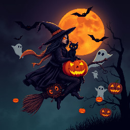 witch with a cat on a broomstick