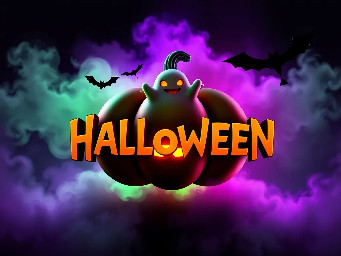 « Une animation graphique 2D/3D fluide d'un logo minimaliste et élégant au centre. Soudain, une brume étrange, verte et violette, enveloppe le logo, un adorable fantôme animé surgit de derrière, et un sourire sculpté en forme de citrouille lumineuse scintille sur les lettres, parsemé de subtiles particules scintillantes et mystérieuses. Fond sombre et mystérieux, haute qualité, 4K. »