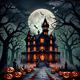 "Spooky haunted Victorian mansion at night, crooked trees, flickering orange jack-o'-lanterns on the porch, dense fog rolling on the ground, eerie pale moonlight, dark fantasy style, 8K resolution."